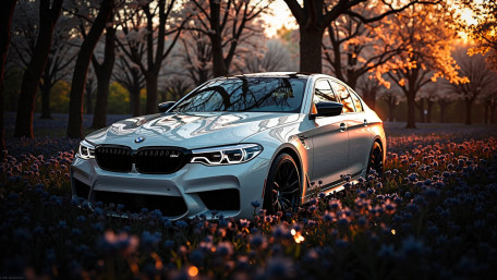 Sunset BMW Elegance in Blooming Fields wallpaper