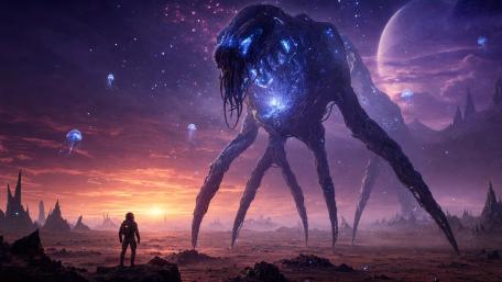 Cosmic Titan on Alien Dunes wallpaper