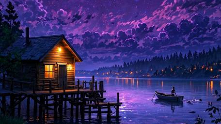 Moonlit Cabin by the Purple Lake wallpaper