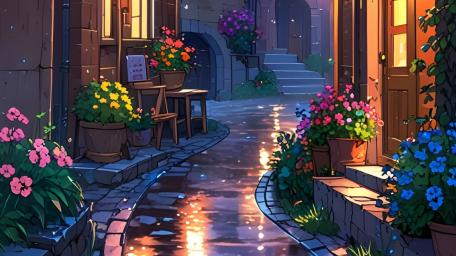 Cozy Flower Lit Anime Alley wallpaper