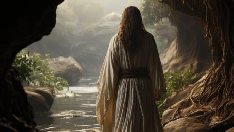 Ethereal Wanderer at the Ancient River wallpaper