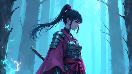 Mystic Samurai Warrior Girl in Enchanted Forest wallpaper