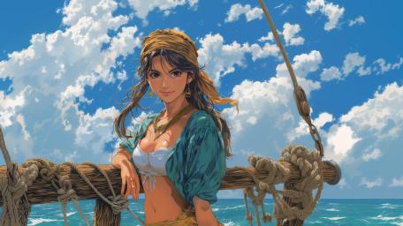 Sunlit Pirate Girl on the Open Sea wallpaper