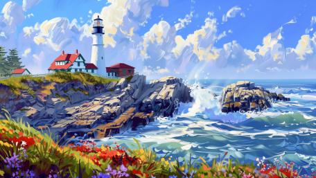 Sunlit Lighthouse Over the Anime Coast wallpaper