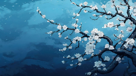 Serene Sakura Branch in Blue Twilight wallpaper