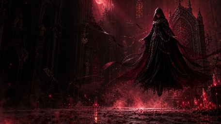 Crimson Gothic Sorceress in Haunted Cathedral wallpaper