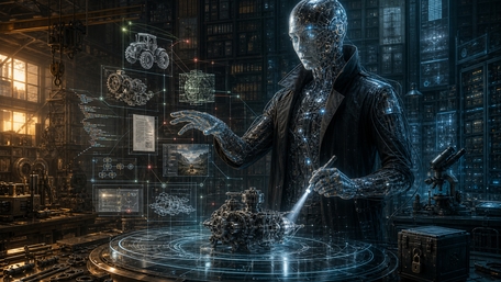 Cybernetic Artisan in the Holographic Workshop wallpaper
