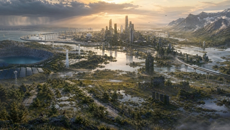 Sunlit Futuristic Metropolis Over Flooded Valley wallpaper