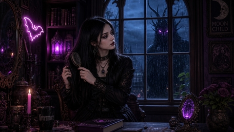 Moonlit Gothic Girl in a Haunted Violet Chamber wallpaper