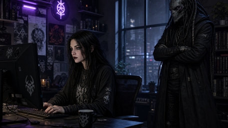 Gothic Gamer in Shadowed Ritual Room wallpaper