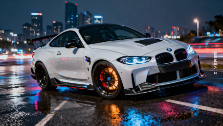 White BMW M4 Night Street Glow wallpaper