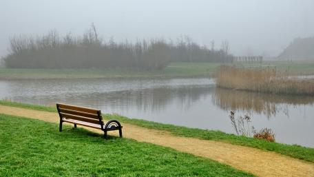 Foggy Lakeside Bench Retreat wallpaper