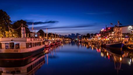 Twilight Harbor Reflections in Warnemunde wallpaper