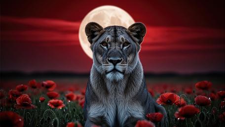Moonlit Lioness in Crimson Field wallpaper