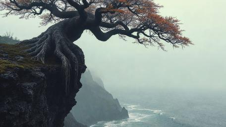 Ancient Tree Over Misty Sea wallpaper