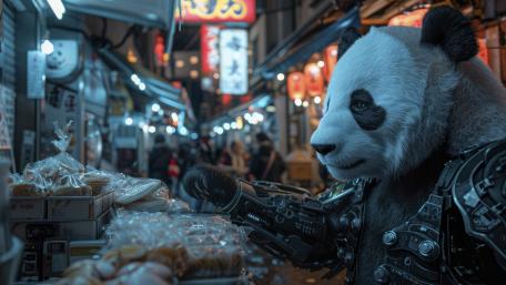 Cyberpunk Panda Market Sentinel wallpaper