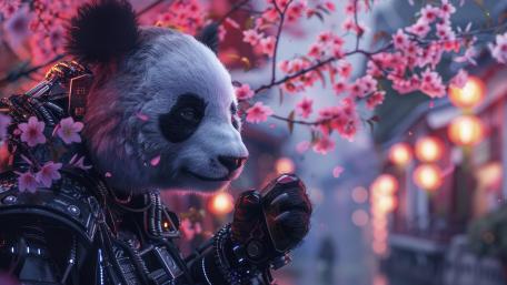 Cyberpunk Panda Beneath Sakura Lights wallpaper