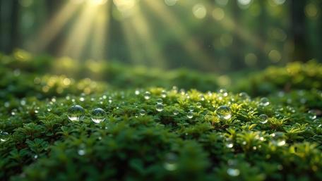 Sunlit Dew on Mossy Forest Floor wallpaper