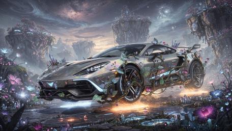 Neon Hypercar Over Floating Isles wallpaper