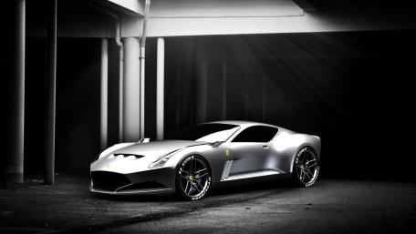 Silver Ferrari in Dramatic Garage Light wallpaper
