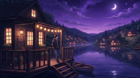 Moonlit Lakeside Village wallpaper