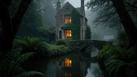Enchanted Cottage by the Misty River wallpaper
