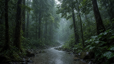 Rainy Mist Through the Dense Forest wallpaper