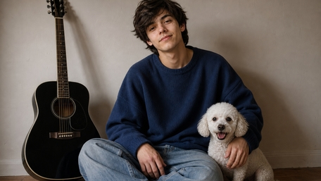 Cozy Music Moment with Young Man and White Poodle wallpaper