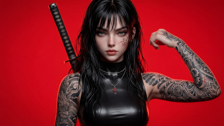 Tattooed Samurai Queen in Crimson Light wallpaper