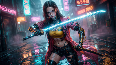 Cyberpunk Warrior in Neon Rain wallpaper