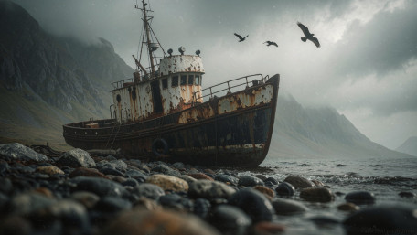 Forgotten Rusted Ship on a Stormy Shore wallpaper