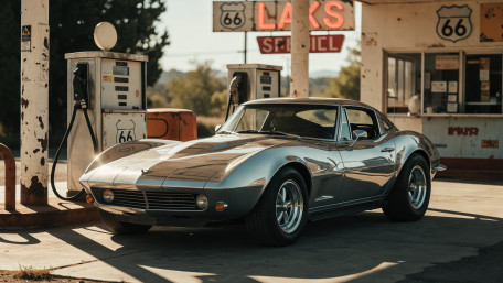 Route 66 Corvette at Vintage Gas Station wallpaper