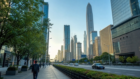 Modern Skyline Avenue at Sunset wallpaper