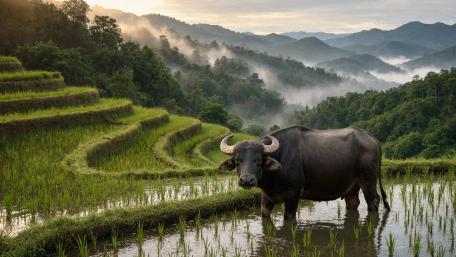 Water Buffalo And The Rice Terrace wallpaper