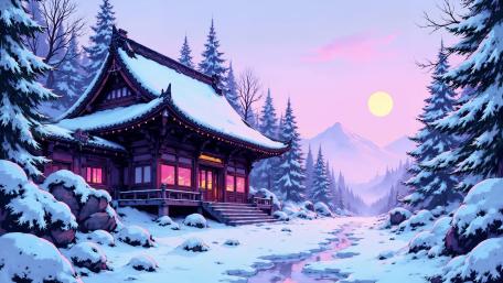 Snowlit Shrine at Dawn wallpaper