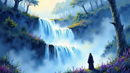 Mystic Waterfall in the Misty Forest wallpaper