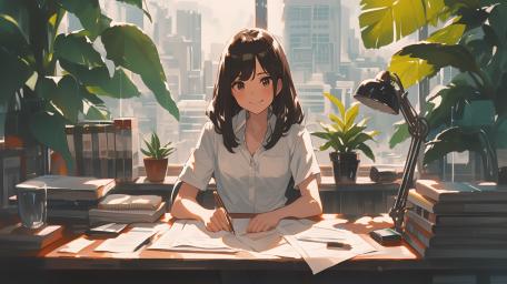 Sunlit Anime Study Desk wallpaper