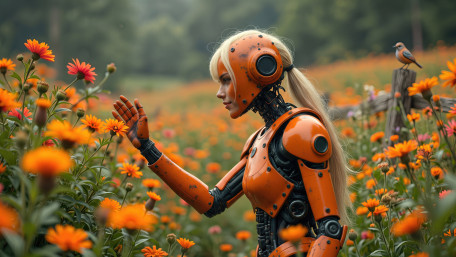 Cybernetic Bloom in an Orange Meadow wallpaper