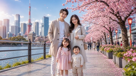 Tokyo Spring Family Stroll Under Cherry Blossoms wallpaper