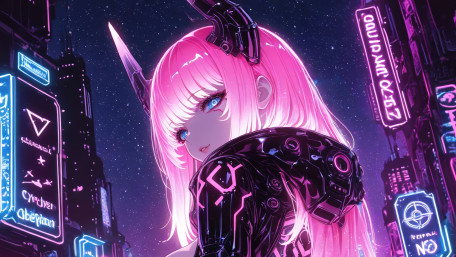 Neon Horned Cyberpunk Girl in Futuristic City wallpaper