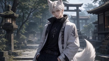 Moonlit Wolf Spirit in Ancient Shrine wallpaper