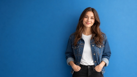 Smiling Denim Portrait on Blue Background wallpaper