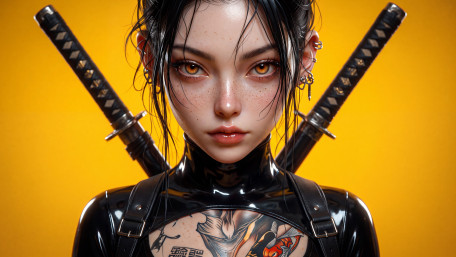 Tattooed Female Samurai Warrior in Golden Light wallpaper