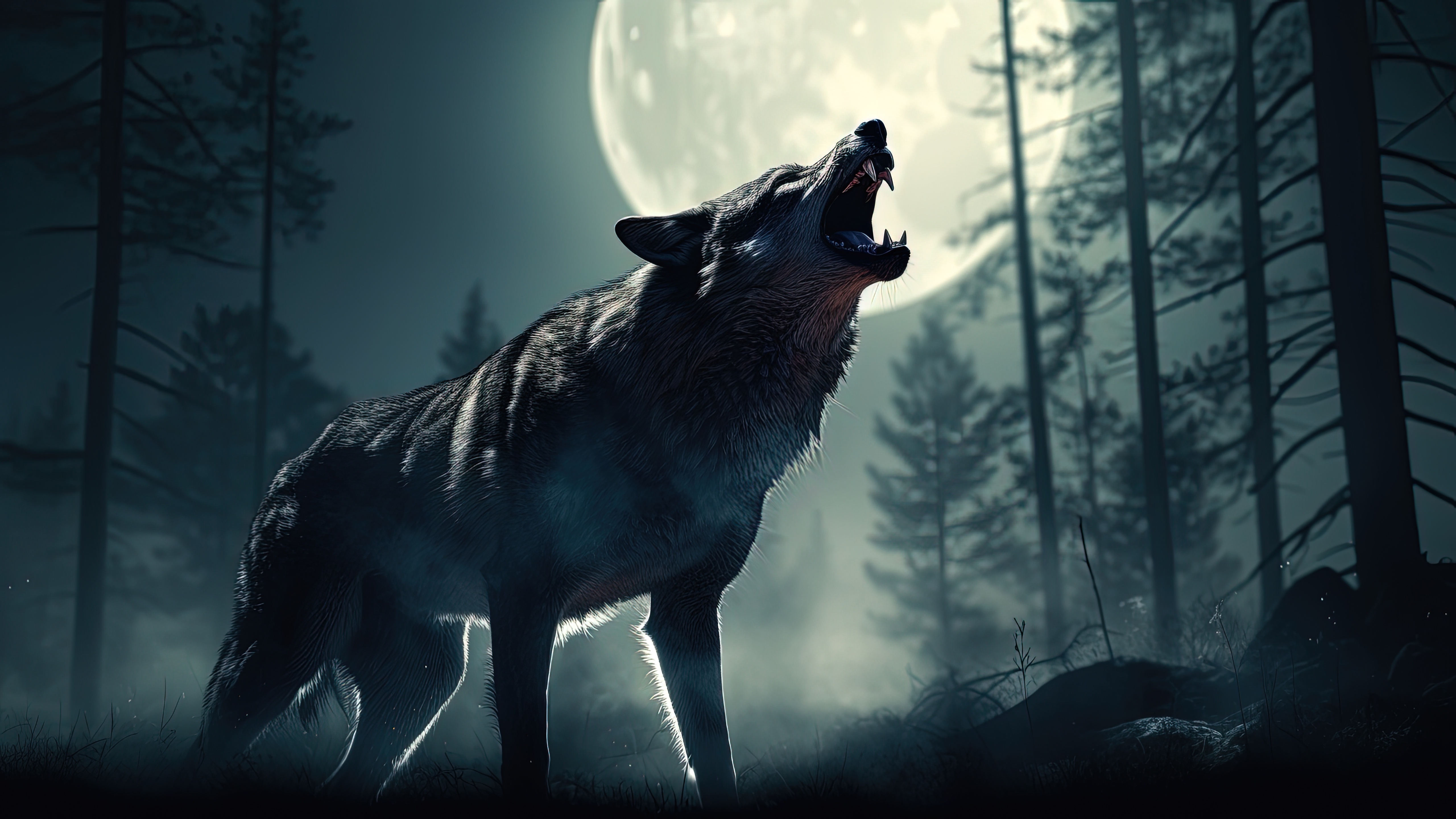 Werewolf Howling Under a Full Moon in Creepy Forest - backiee