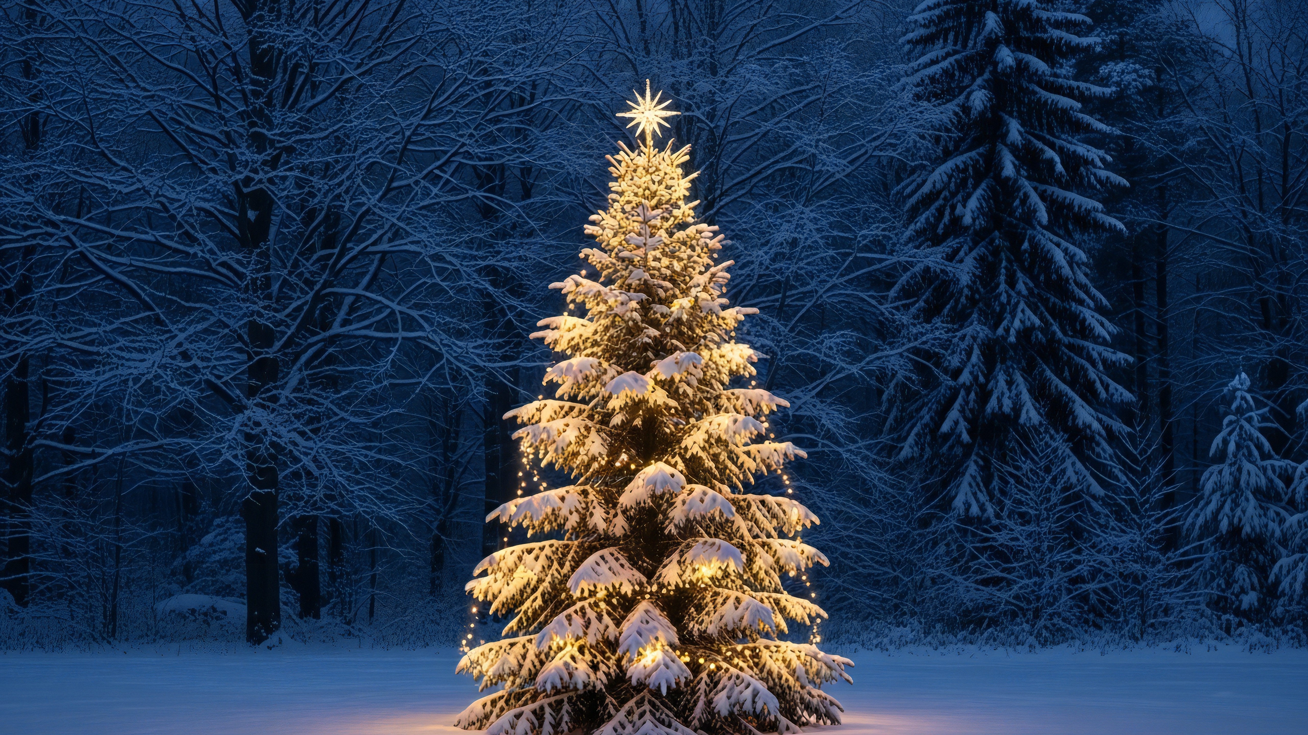 Glowing Christmas Tree in Snowy Forest Scene - backiee