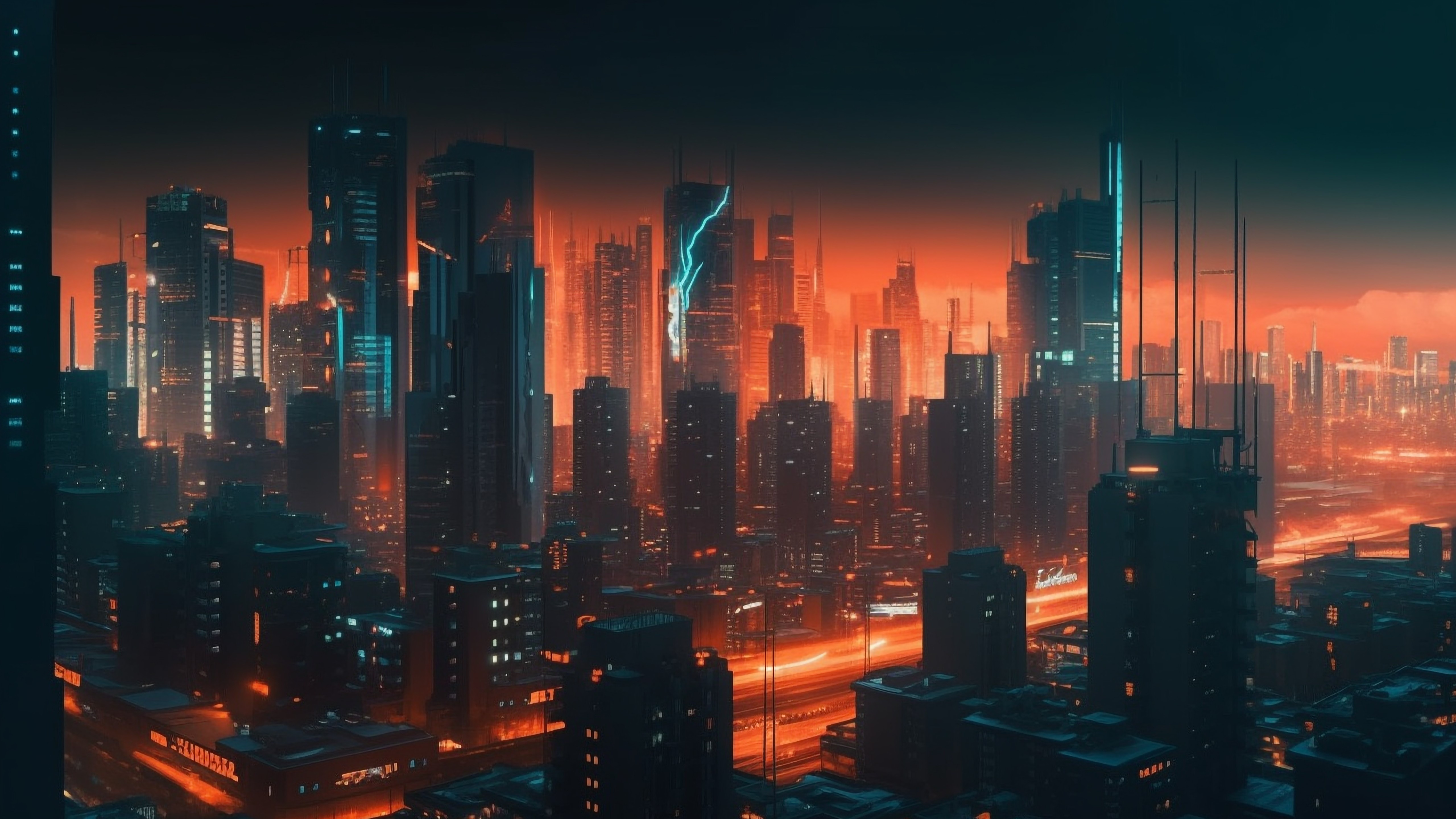 Vibrant Cityscape Under Dusk Sky Glowing Brightly - backiee
