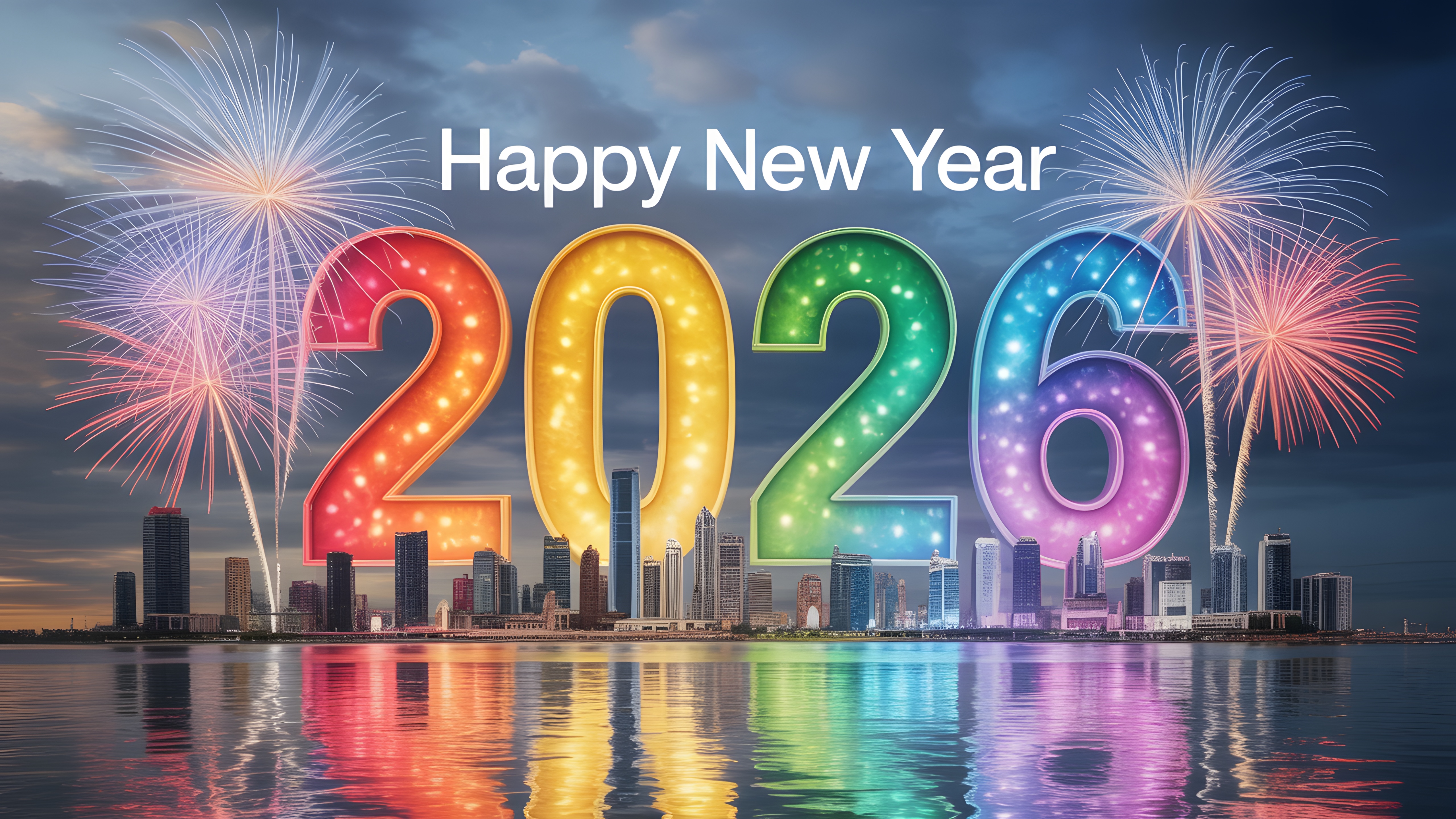 Vibrant 2026 New Year Fireworks Over City Skyline Reflection Backiee 440994 