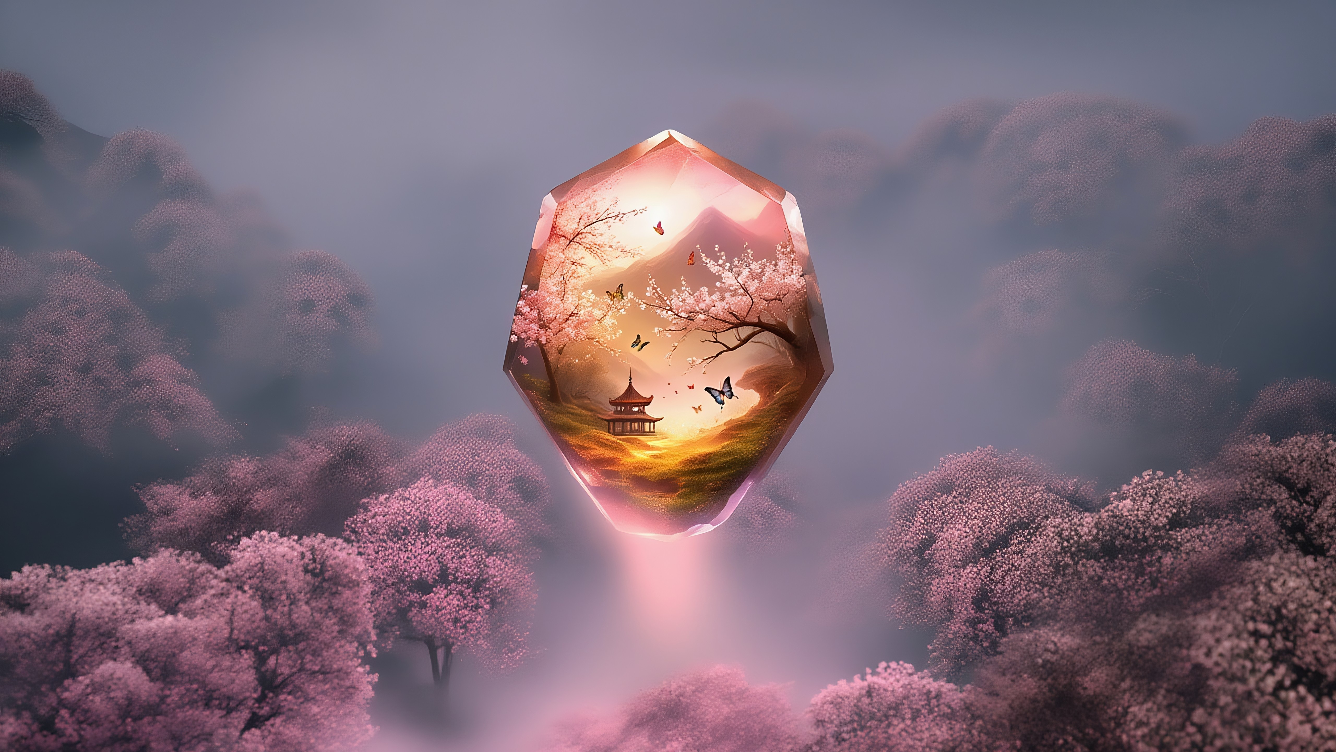 Cherry Blossom Gem Sanctuary in Misty Oriental Dreamscape backiee