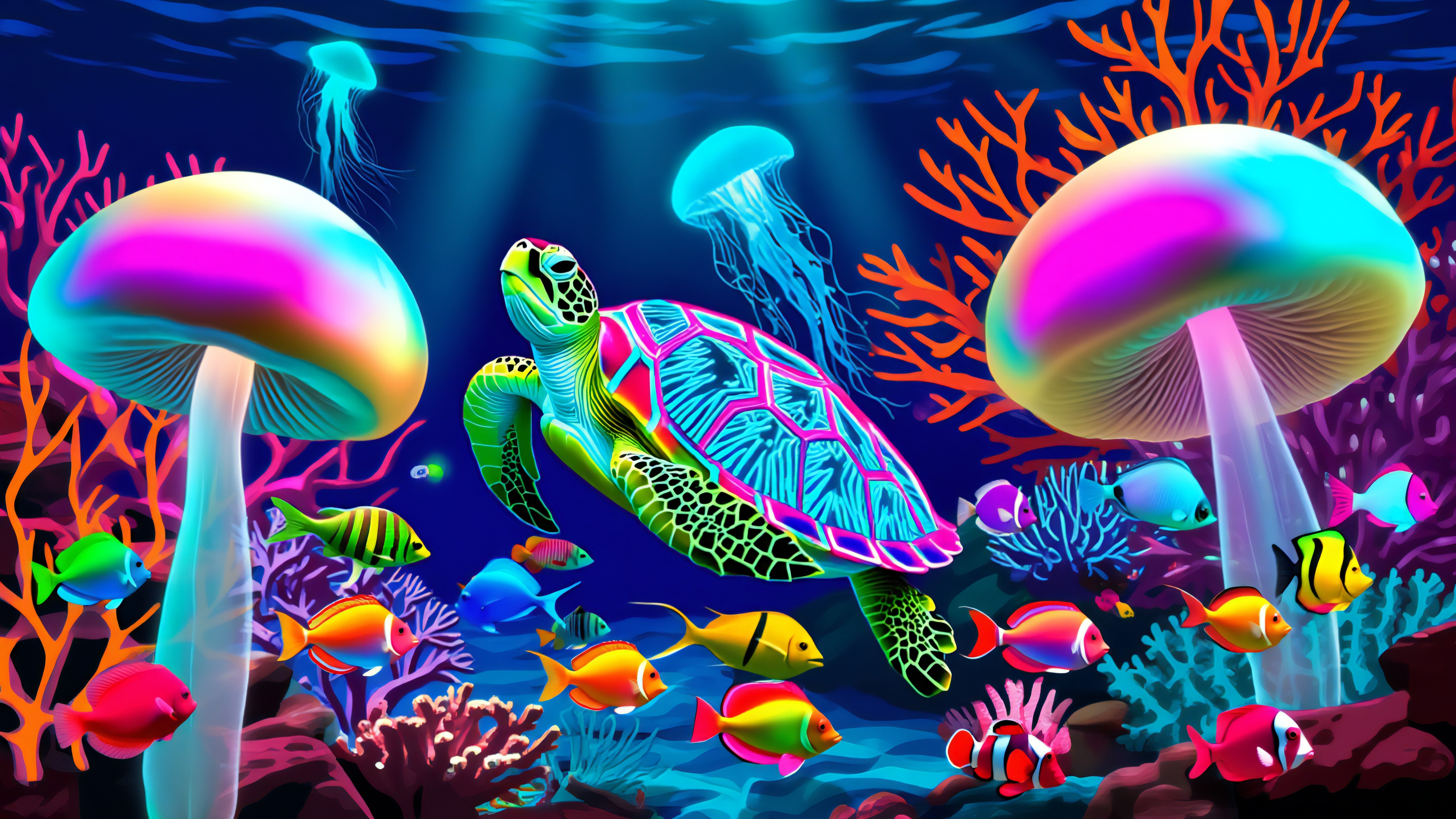 Neon Sea Turtle Drifting Through Bioluminescent Reef Fantasy - backiee