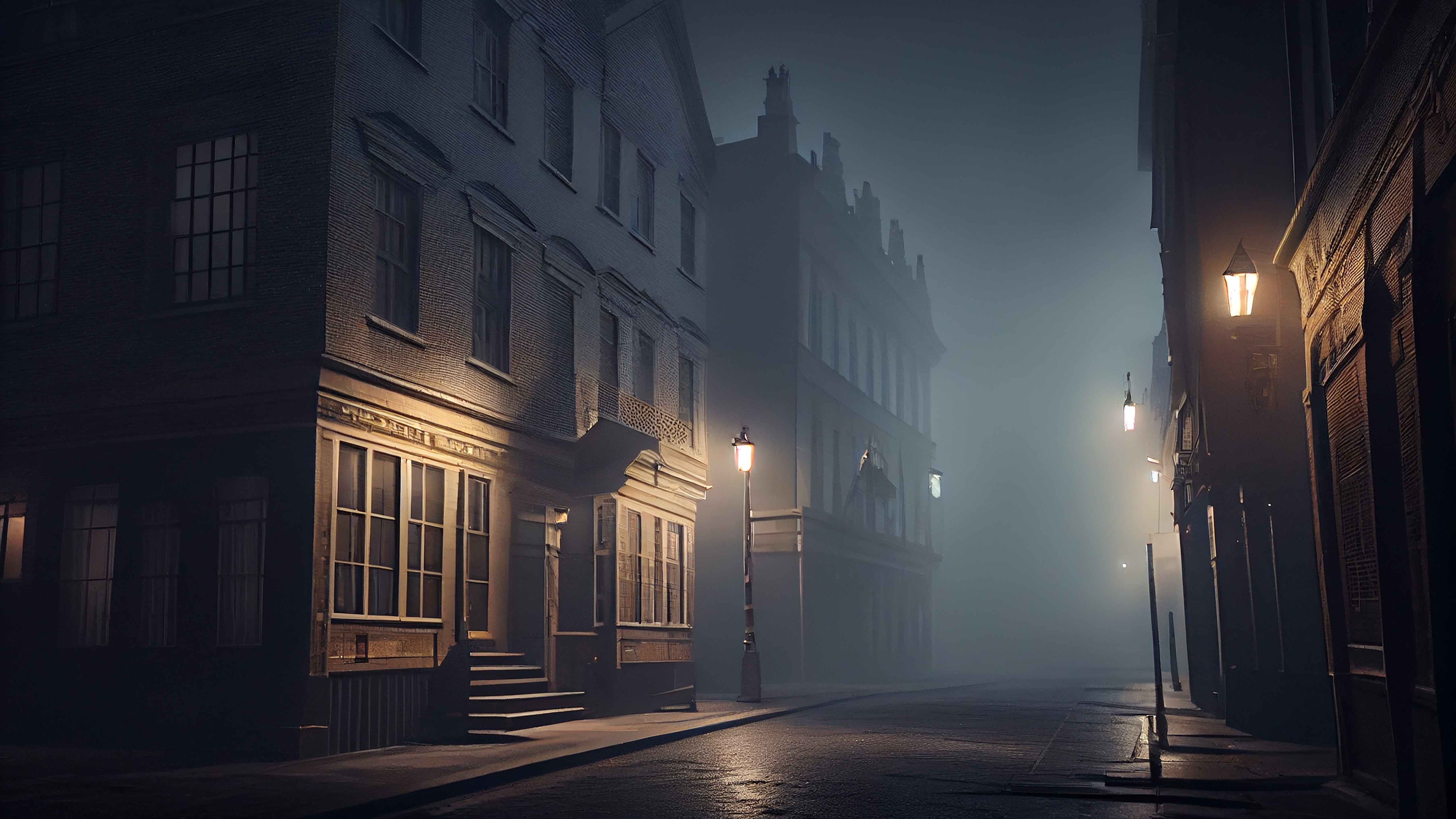Lanternlit Fog Street in a Silent Fantasy City Night - backiee